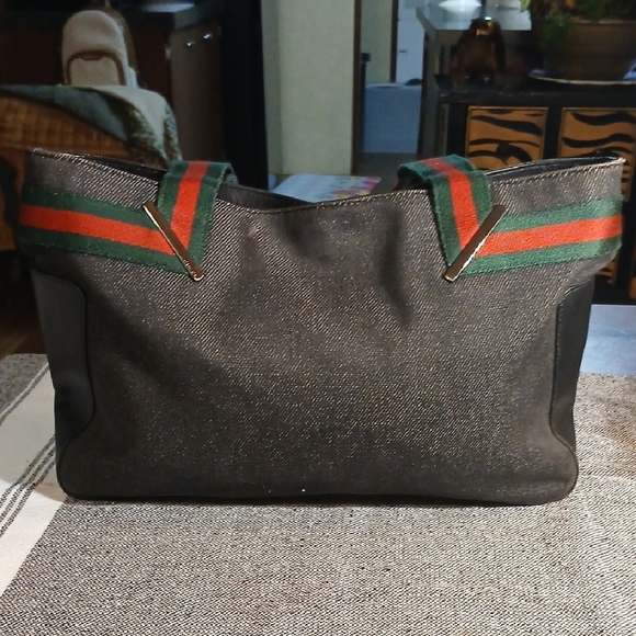 Stylish Black Tote Bag with Red and Green Straps - Picture 1 of 16